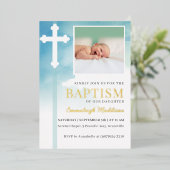 Invitation En Aluminium Aquarelle bleu Croix blanche Photo Baptême (Debout devant)