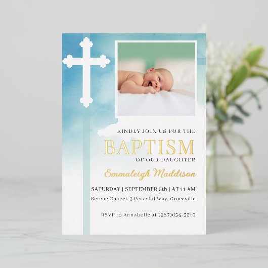 Invitation En Aluminium Aquarelle bleu Croix blanche Photo Baptême (Debout devant)
