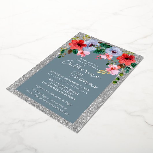 Invitation En Aluminium Aquarelle bleu Dusty Parties scintillant argent Ar (Rotation)