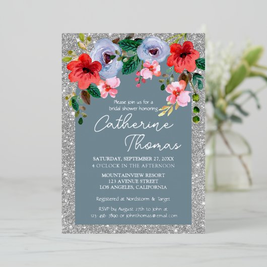 Invitation En Aluminium Aquarelle bleu Dusty Parties scintillant argent Ar (Debout devant)