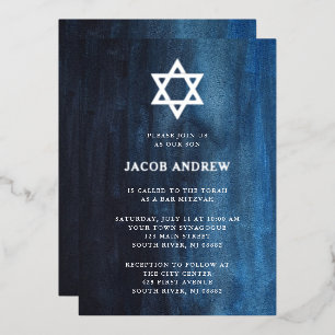 Invitation En Aluminium Aquarelle bleu foncé avec argent   Bar Mitzvah
