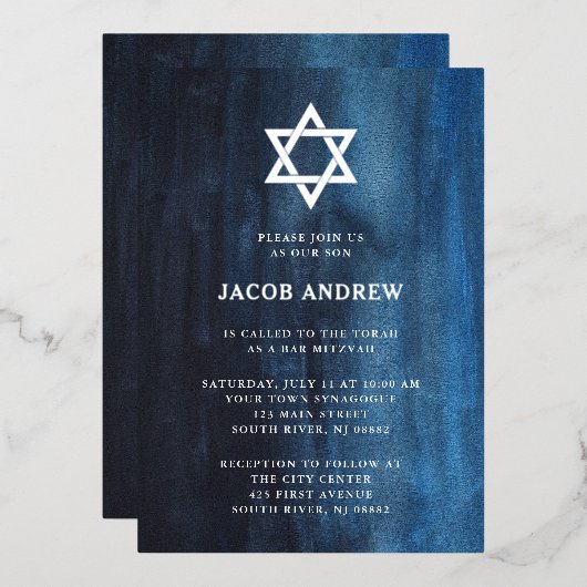 Invitation En Aluminium Aquarelle bleu foncé avec argent | Bar Mitzvah (Recto/Verso)