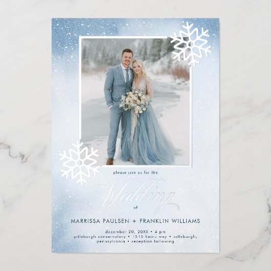 Invitation En Aluminium Aquarelle bleu neige hiver Mariage à deux côtés (Recto)