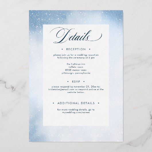 Invitation En Aluminium Aquarelle bleu neige hiver Mariage à deux côtés (Verso)