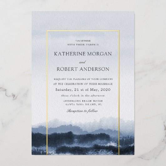 Invitation En Aluminium Aquarelle bleu paysage nature inspirée (Recto)