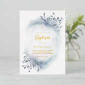 Invitation En Aluminium aquarelle bleu poussiéreux feuillage Baptême (Debout devant)