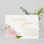 Invitation En Aluminium Aquarelle bleu rose Peony Baby shower or (Debout devant)