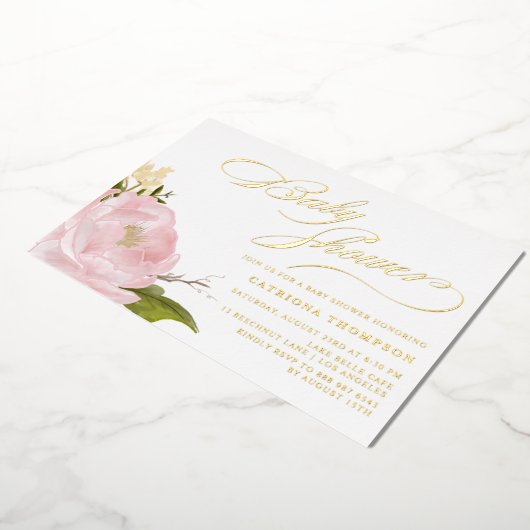 Invitation En Aluminium Aquarelle bleu rose Peony Baby shower or (Rotation)