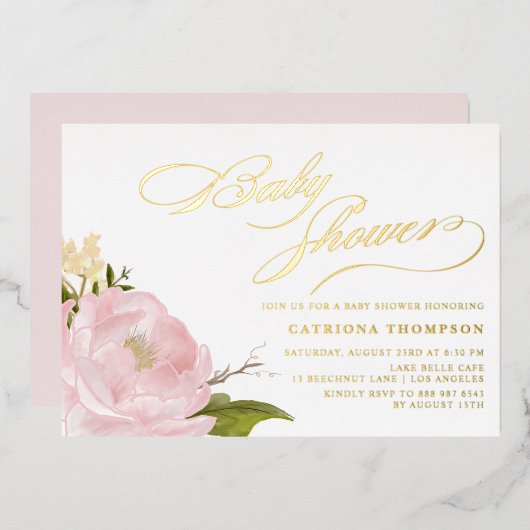 Invitation En Aluminium Aquarelle bleu rose Peony Baby shower or (Recto/Verso)