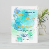 Invitation En Aluminium Aquarelle bleu turquoise et douce - Véritable or (Debout devant)