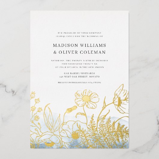 Invitation En Aluminium Aquarelle bleue + Bouquet Fleur sauvage Mariage RE (Recto)