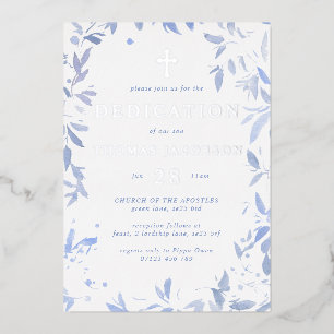 Invitation En Aluminium Aquarelle bleue Feuilles Dédication bébé & Baptême