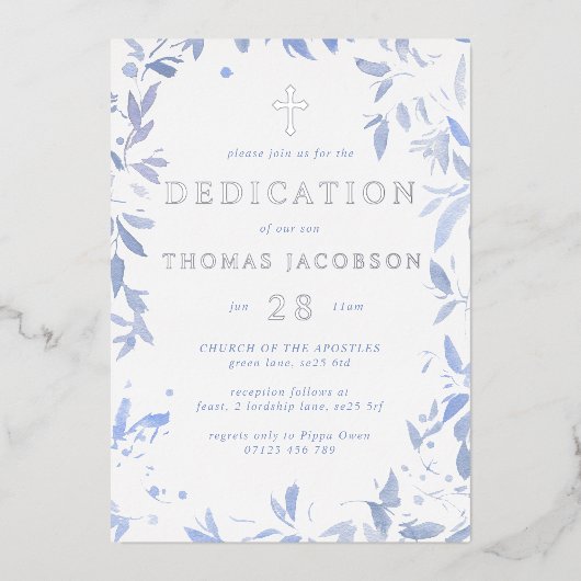 Invitation En Aluminium Aquarelle bleue Feuilles Dédication bébé & Baptême (Recto)