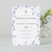 Invitation En Aluminium Aquarelle bleue Feuilles Dédication bébé & Baptême (Debout devant)
