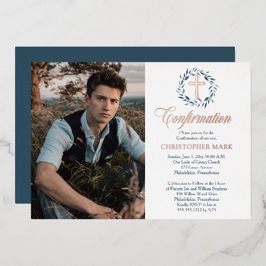 Invitation En Aluminium Aquarelle bleue Wreath Boy Photo Confirmation (Recto/Verso)