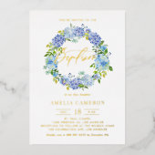 Invitation En Aluminium Aquarelle Blue Hydrangea Fleurs Wreath Baptême (Recto)