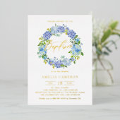 Invitation En Aluminium Aquarelle Blue Hydrangea Fleurs Wreath Baptême (Debout devant)