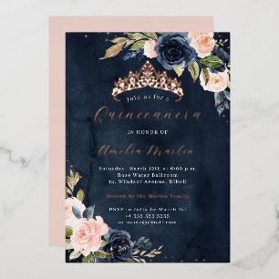 Invitation En Aluminium Aquarelle Blush Navy Rose Gold Quinceanera