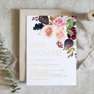 Invitation En Aluminium Aquarelle Bourgogne Baby shower Fleurs et Figs