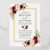 Invitation En Aluminium Aquarelle Bourgogne Floral Mariage 2 Frame Gold (Recto)