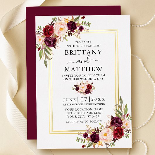 Invitation En Aluminium Aquarelle Bourgogne Floral Mariage 2 Frame Gold