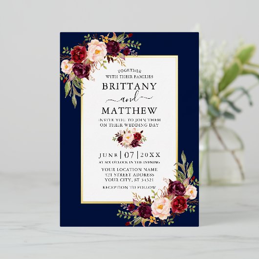Invitation En Aluminium Aquarelle Bourgogne Floral Mariage Blue Gold (Debout devant)