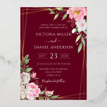 Invitation En Aluminium Aquarelle Bourgogne Floral Mariage géométrique or<br><div class="desc">Un élégant faire-part de mariage fleuri aux fleurs d'aquarelle rose vif et à la calligraphie manuscrite moderne sur un arrière - plan rouge bordeaux.</div>