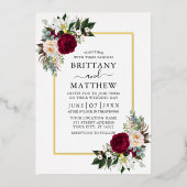 Invitation En Aluminium Aquarelle Bourgogne Flore Vert Mariage Or (Recto)