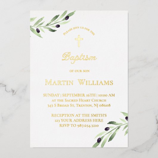 Invitation En Aluminium aquarelle branche d'olivier Baptême (Recto)