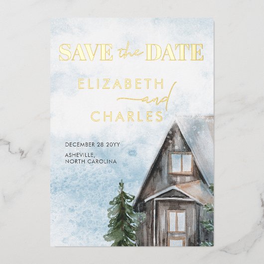 Invitation En Aluminium Aquarelle Cabine Rustique Hiver Enregistrer La Dat (Recto)