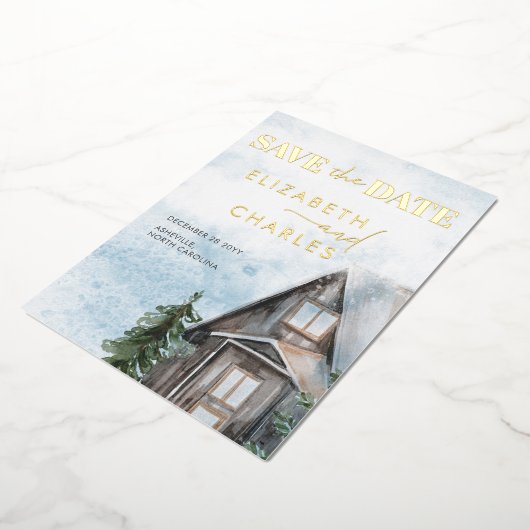 Invitation En Aluminium Aquarelle Cabine Rustique Hiver Enregistrer La Dat (Rotation)