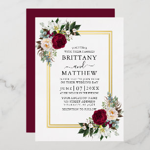 Invitation En Aluminium Aquarelle de mariage floral bordeaux 2 cadres or