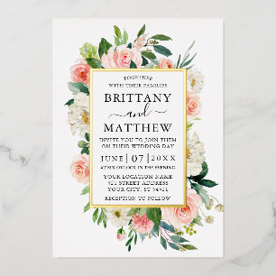 Invitation En Aluminium Aquarelle de mariage rose blanc floral or