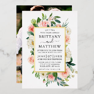 Invitation En Aluminium Aquarelle de mariage rose blanc floral photo or