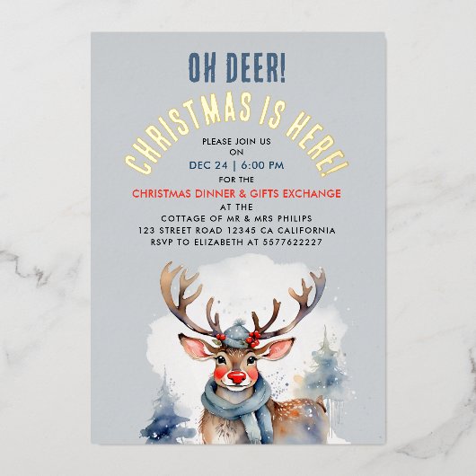 Invitation En Aluminium Aquarelle de rennes d'hiver de Noël élégant (Recto)