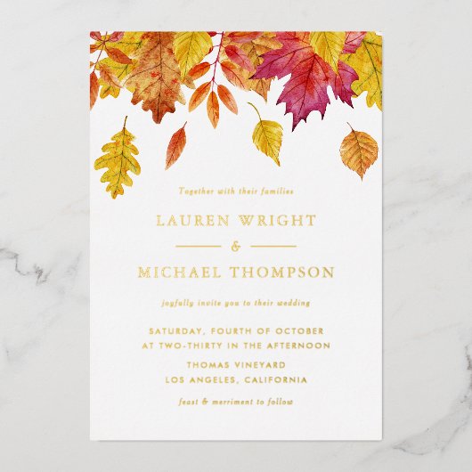 Invitation En Aluminium Aquarelle en chute Feuille Mariage d'automne (Recto)