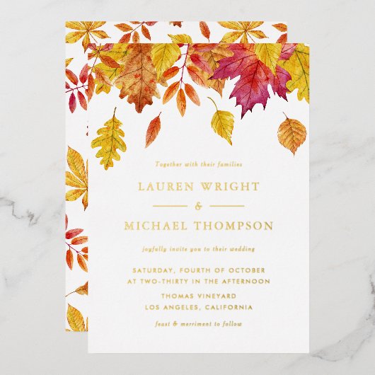 Invitation En Aluminium Aquarelle en chute Feuille Mariage d'automne (Recto/Verso)
