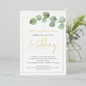 Invitation En Aluminium Aquarelle Eucalyptus Bordure Mariage Or Real (Debout devant)
