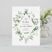 Invitation En Aluminium Aquarelle Eucalyptus Vert Enregistrer la date (Debout devant)