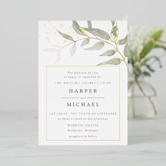 Invitation En Aluminium Aquarelle feuille or shimmer feuille mariage invit (Debout devant)