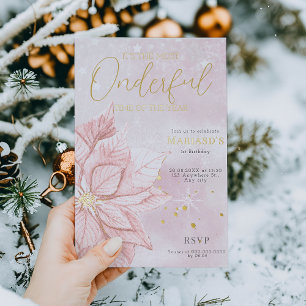 Invitation En Aluminium aquarelle Fleur de Noël rose pour 1er anniversaire