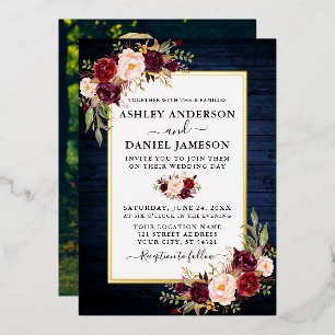 Invitation En Aluminium Aquarelle Fleur Photographie Bois Bleu Or
