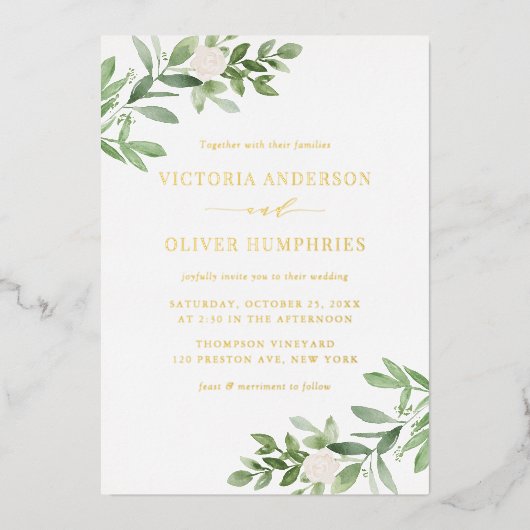 Invitation En Aluminium Aquarelle Fleurs blanches et Mariage de verdure (Recto)