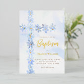 Invitation En Aluminium aquarelle fleurs bleues croisent Baptême (Debout devant)