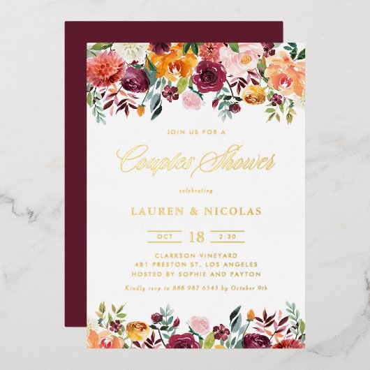 Invitation En Aluminium Aquarelle Fleurs d'automne Garland Couples Douche (Recto/Verso)