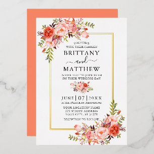 Invitation En Aluminium Aquarelle Fleurs de Corail Mariage Or