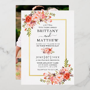 Invitation En Aluminium Aquarelle Fleurs de Corail Photo Mariage Or
