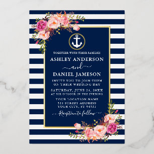 Invitation En Aluminium Aquarelle Fleurs Roses Ancre Bleu Rayures Or