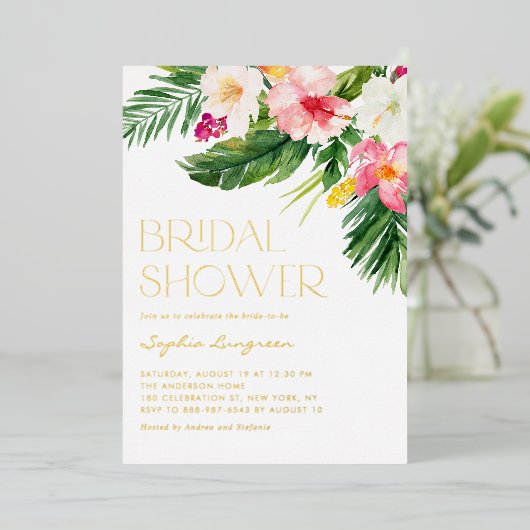 Invitation En Aluminium Aquarelle Fleurs tropicales Fête des mariées d'été (Debout devant)