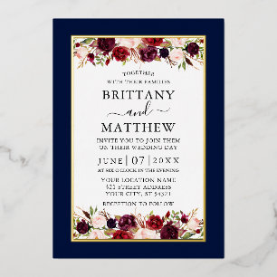 Invitation En Aluminium Aquarelle Floral Élégant Bleu Mariage Or